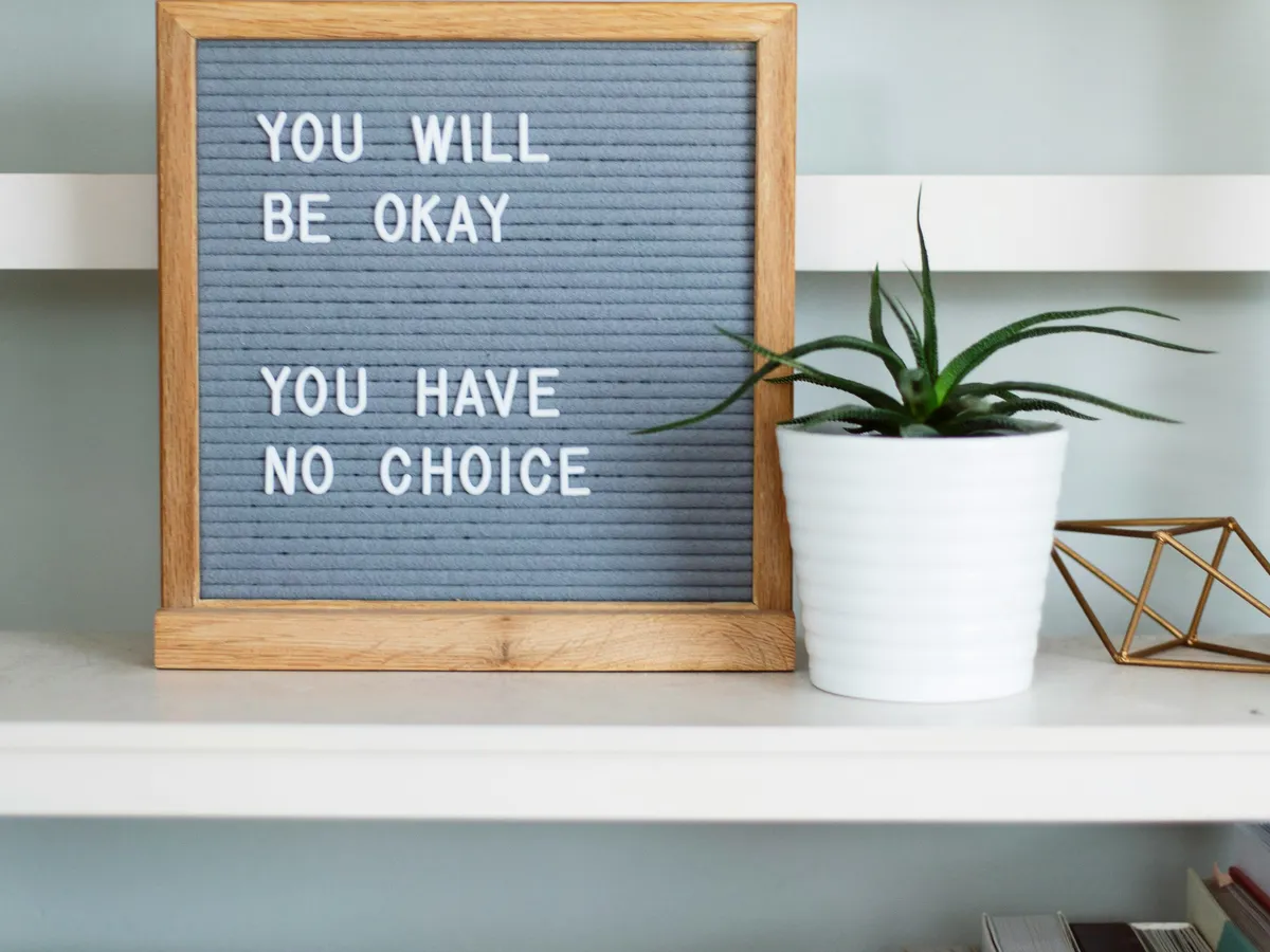 Pinnwand mit dem Schriftzug „You will be okay – you have no choice" auf einem Regal mit Büchern und Pflanzen